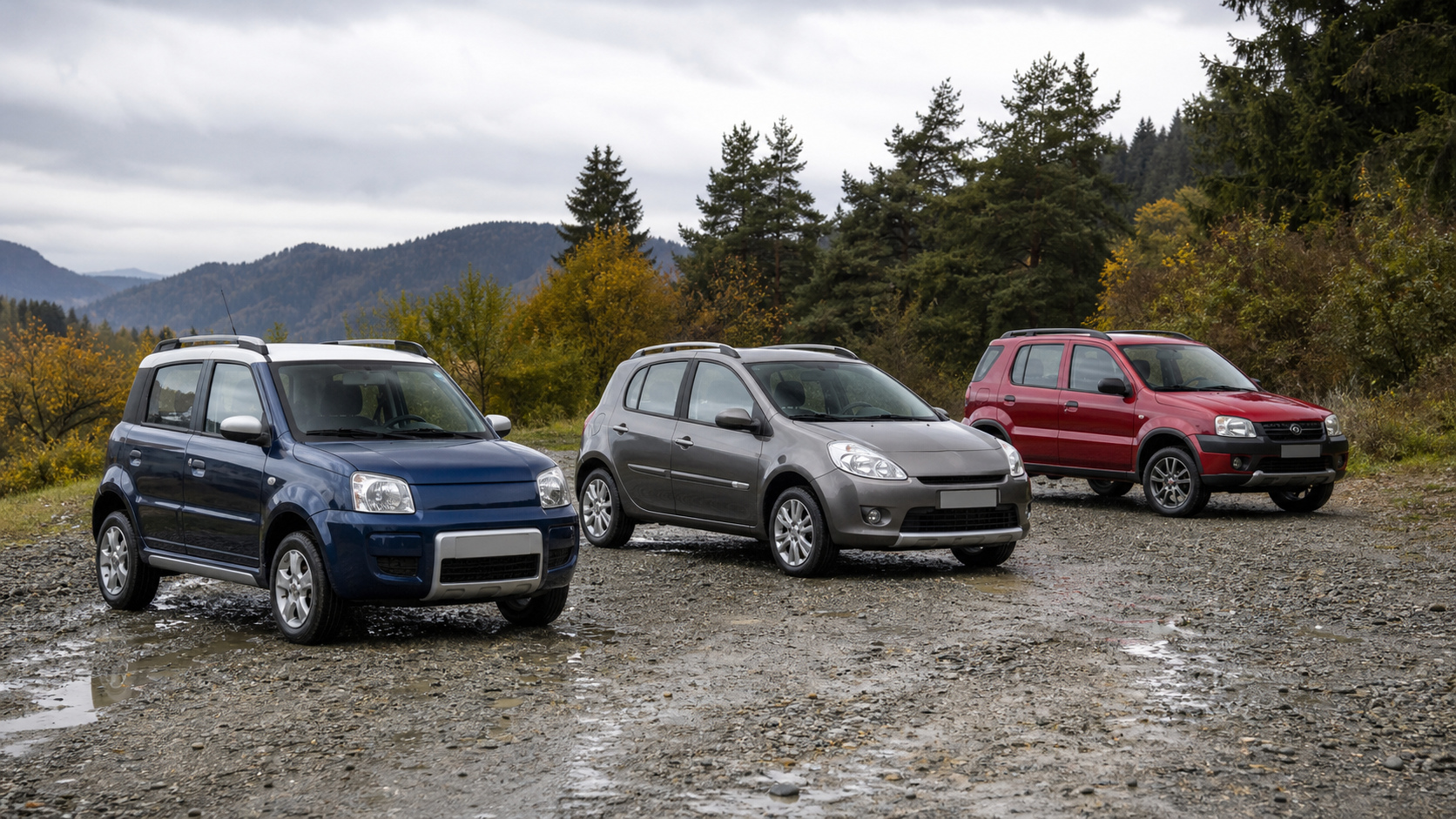 Trei mașini mici 4x4 second-hand comparate pe un drum de munte